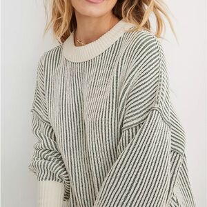 Aerie green and white striped chenille crew sweater